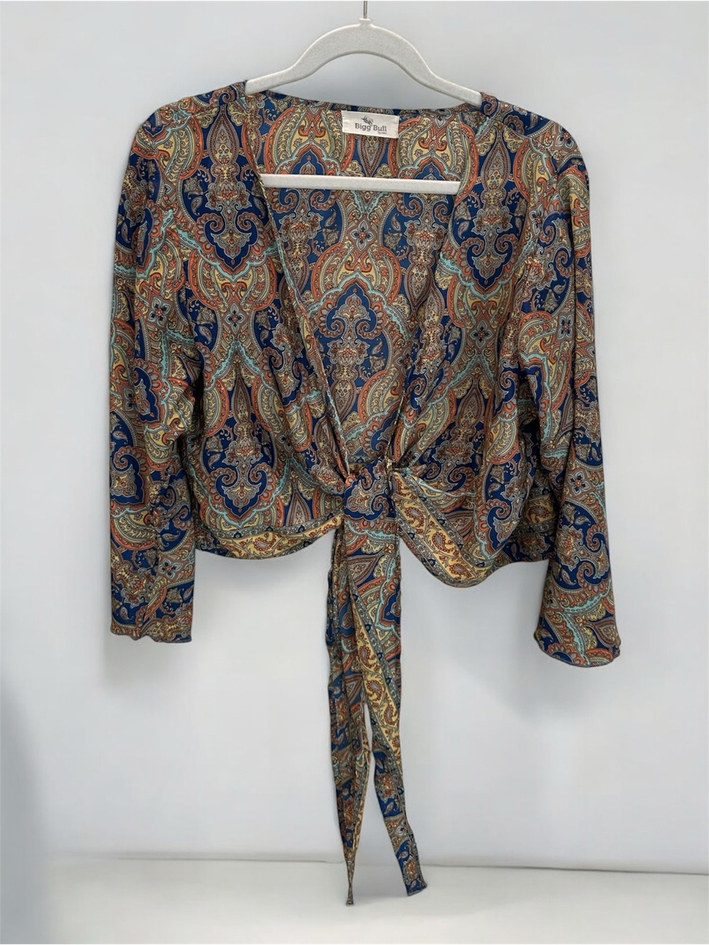 BIG BULL By CAM Blue/Green Floral Paisley‎ Tie-Knot Flare Sleeve Top Wrap SZ L